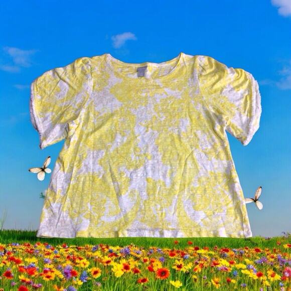 Chicos Size 2 Top Yellow White Linen Short Sleeve Blouse with Fringe Womens L - Picture 1 of 9